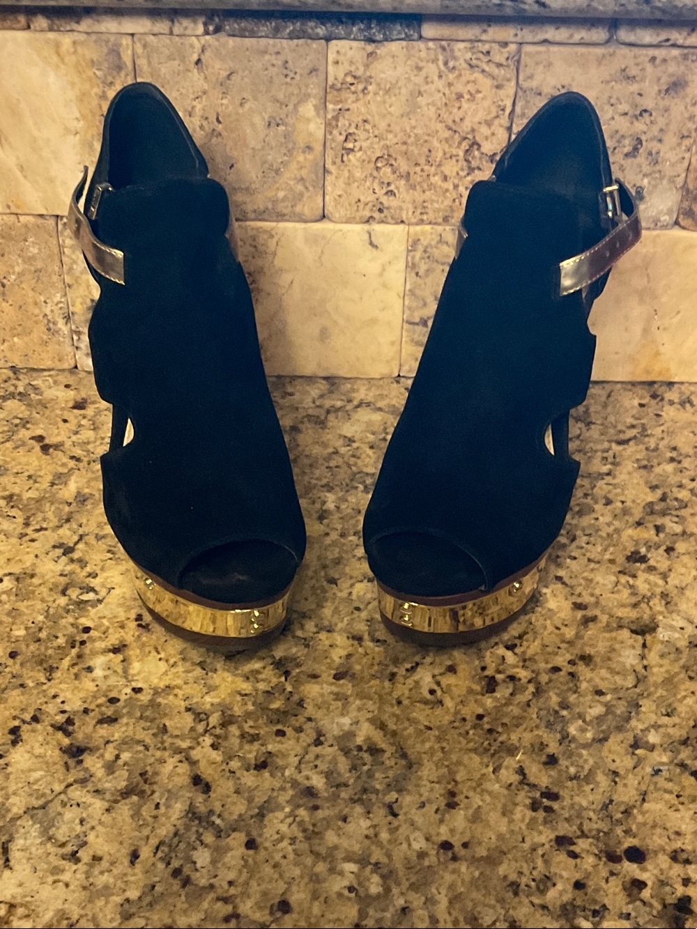 Gianni Bini Black Wedge Sandals with Gold Trim
